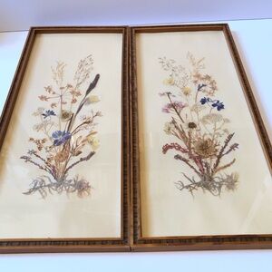 Vintage Framed Pressed Dried Flowers Wall Art Floral Set Of Two Decor